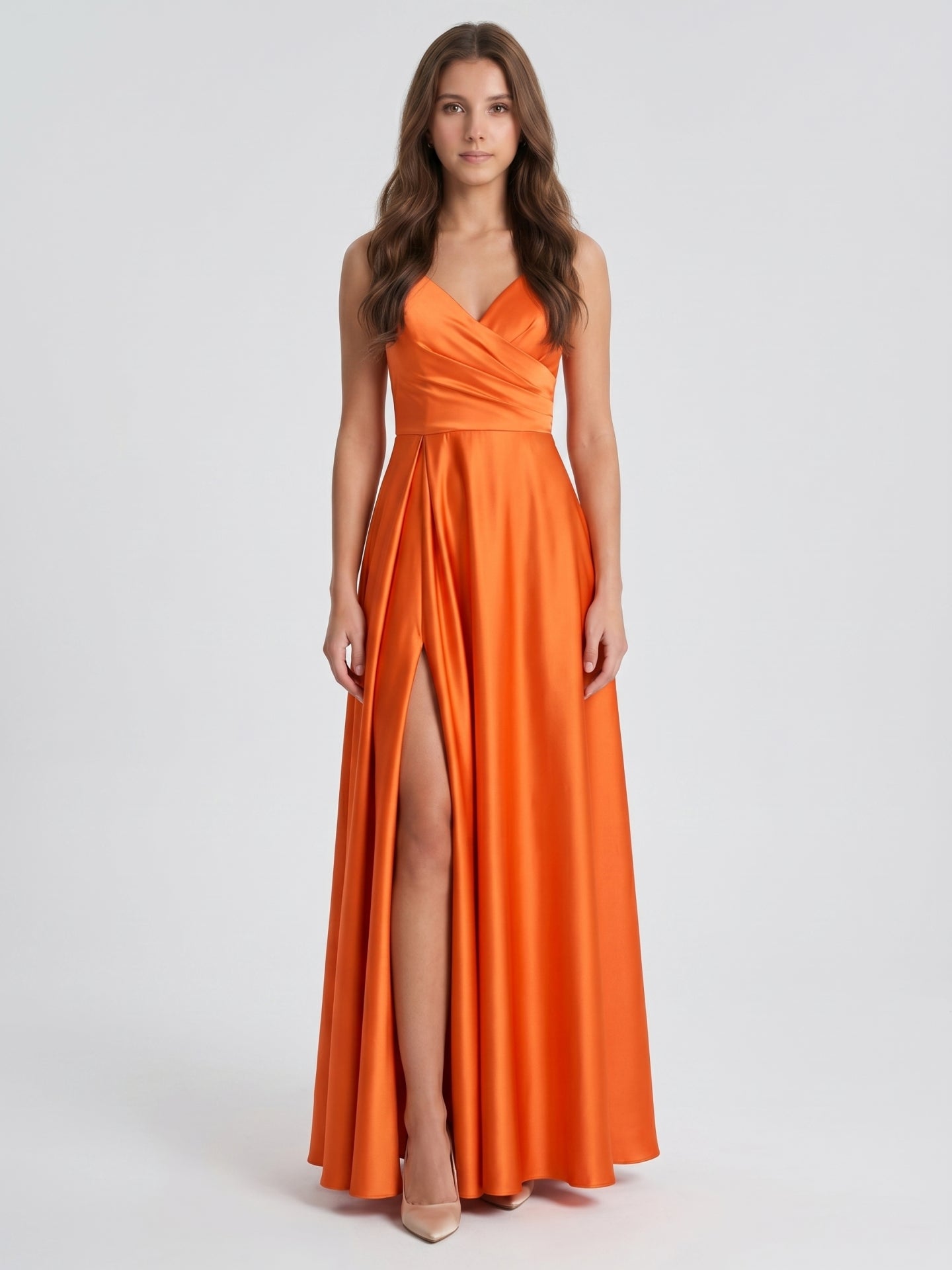 Orange Satin A-Line V-Neck Backless Ankle Bridesmaid Dress with Pleated Details