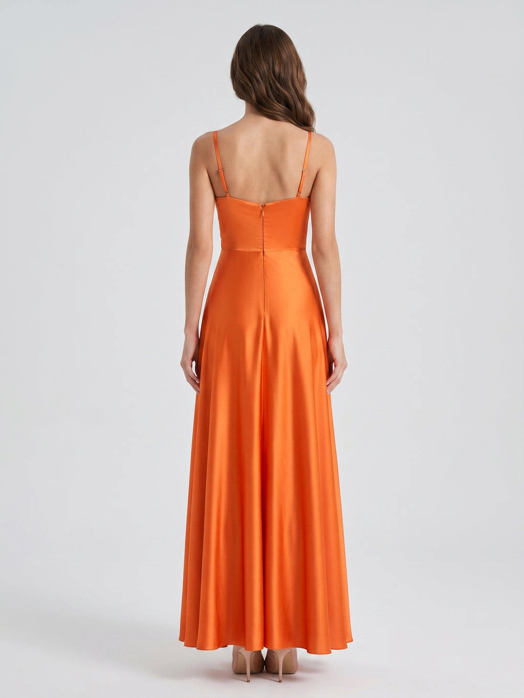 Orange Satin A-Line V-Neck Backless Ankle Bridesmaid Dress with Pleated Details