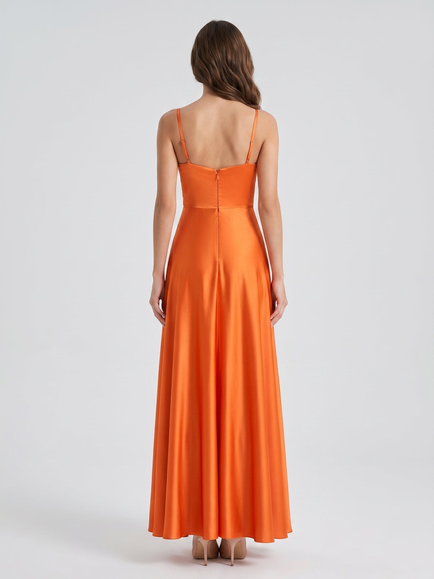 Orange Satin A-Line V-Neck Backless Ankle Bridesmaid Dress with Pleated Details