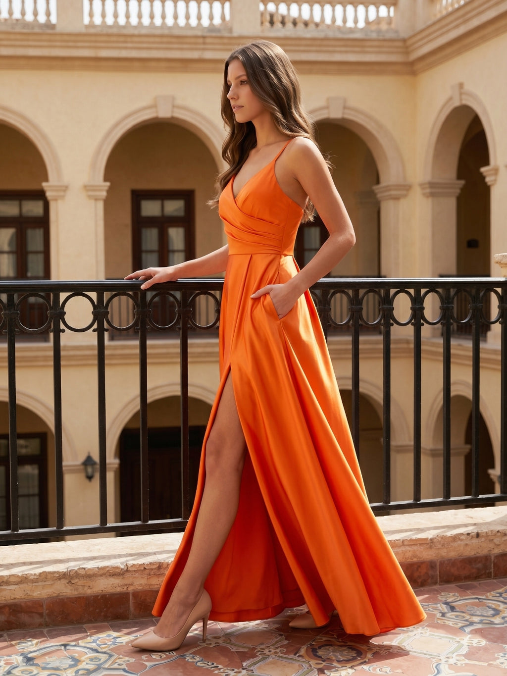 Orange Satin A-Line V-Neck Backless Ankle Bridesmaid Dress with Pleated Details