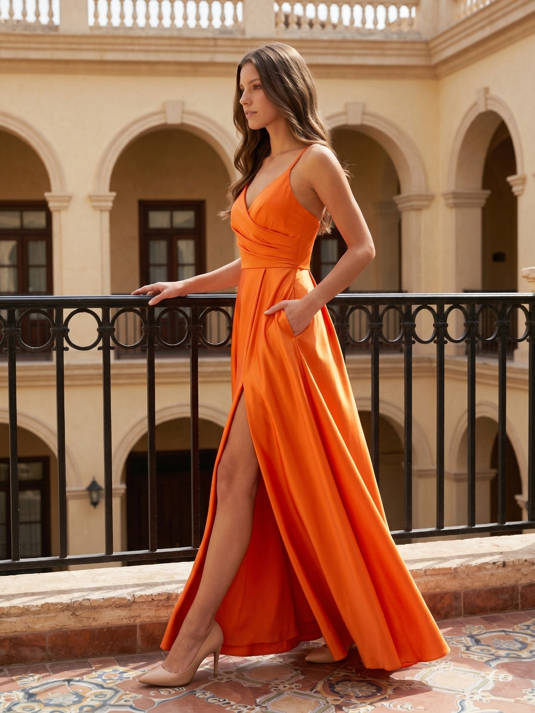 Orange Satin A-Line V-Neck Backless Ankle Bridesmaid Dress with Pleated Details