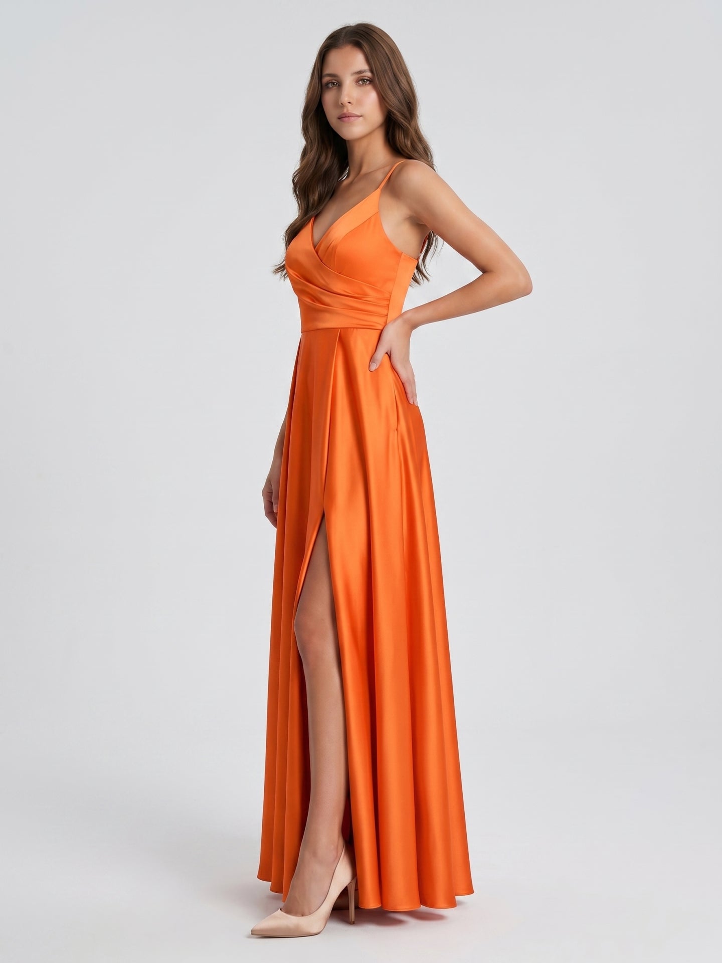 Orange Satin A-Line V-Neck Backless Ankle Bridesmaid Dress with Pleated Details