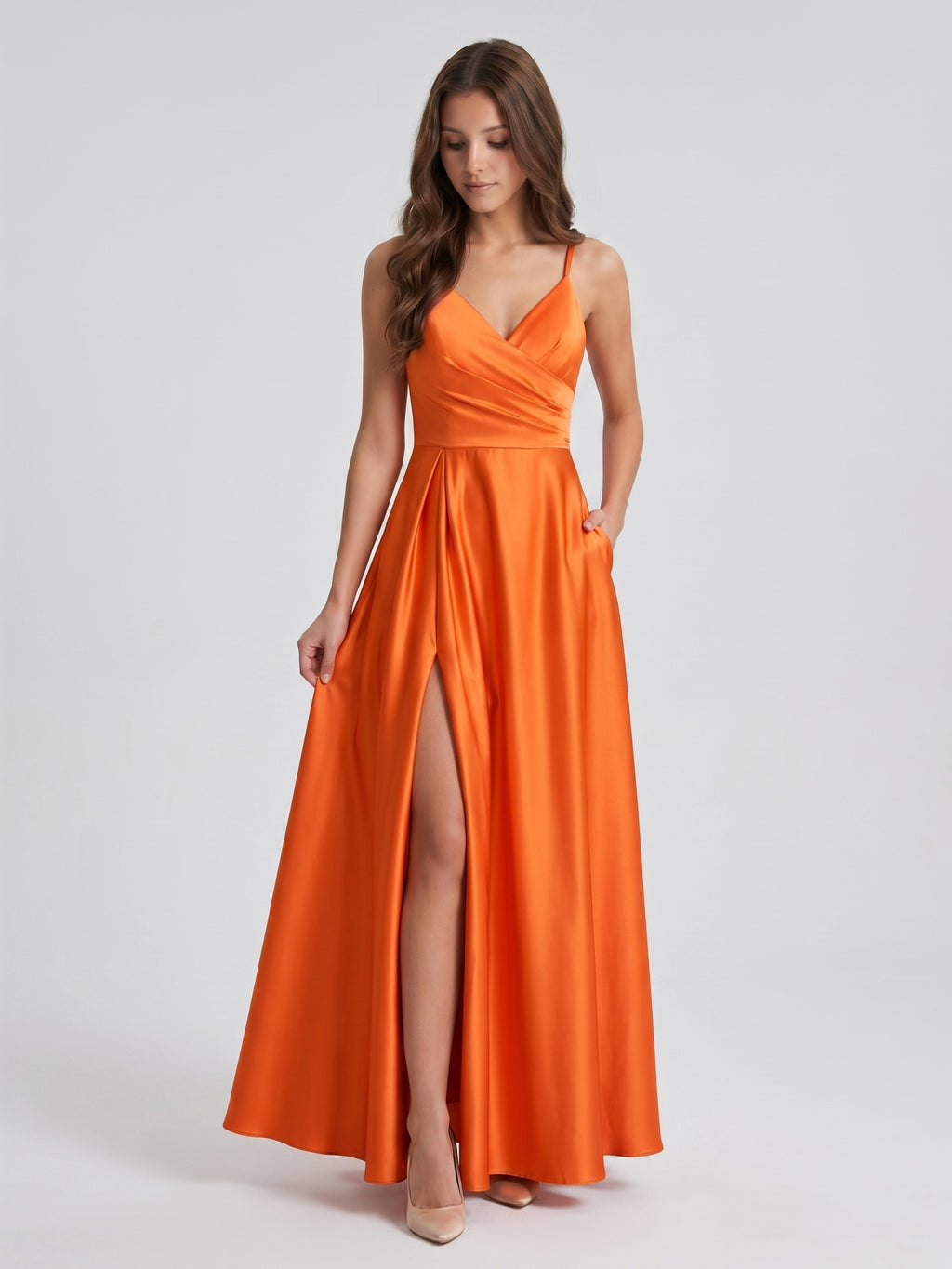 Orange Satin A-Line V-Neck Backless Ankle Bridesmaid Dress with Pleated Details
