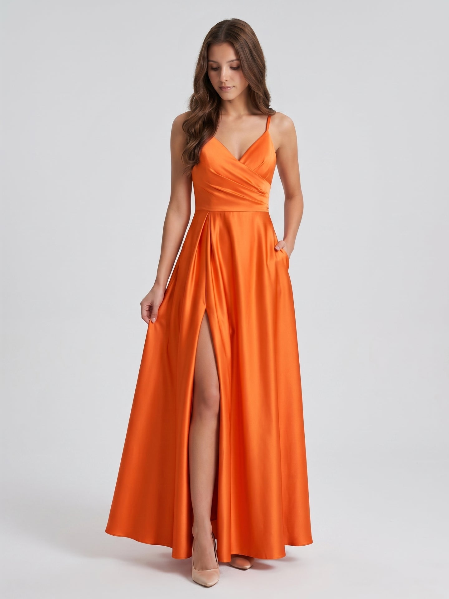 Orange Satin A-Line V-Neck Backless Ankle Bridesmaid Dress with Pleated Details