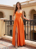 Orange Satin A-Line V-Neck Backless Ankle Bridesmaid Dress with Pleated Details