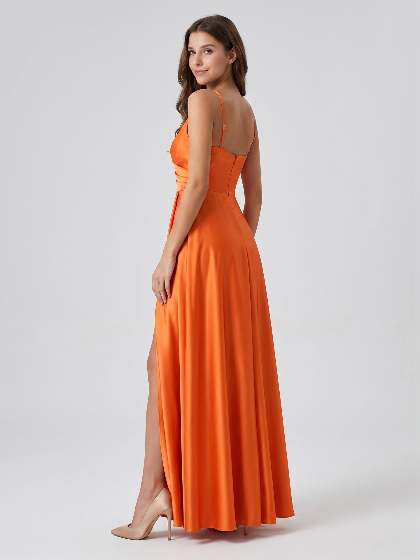 Orange Satin A-Line V-Neck Backless Ankle Bridesmaid Dress with Pleated Details