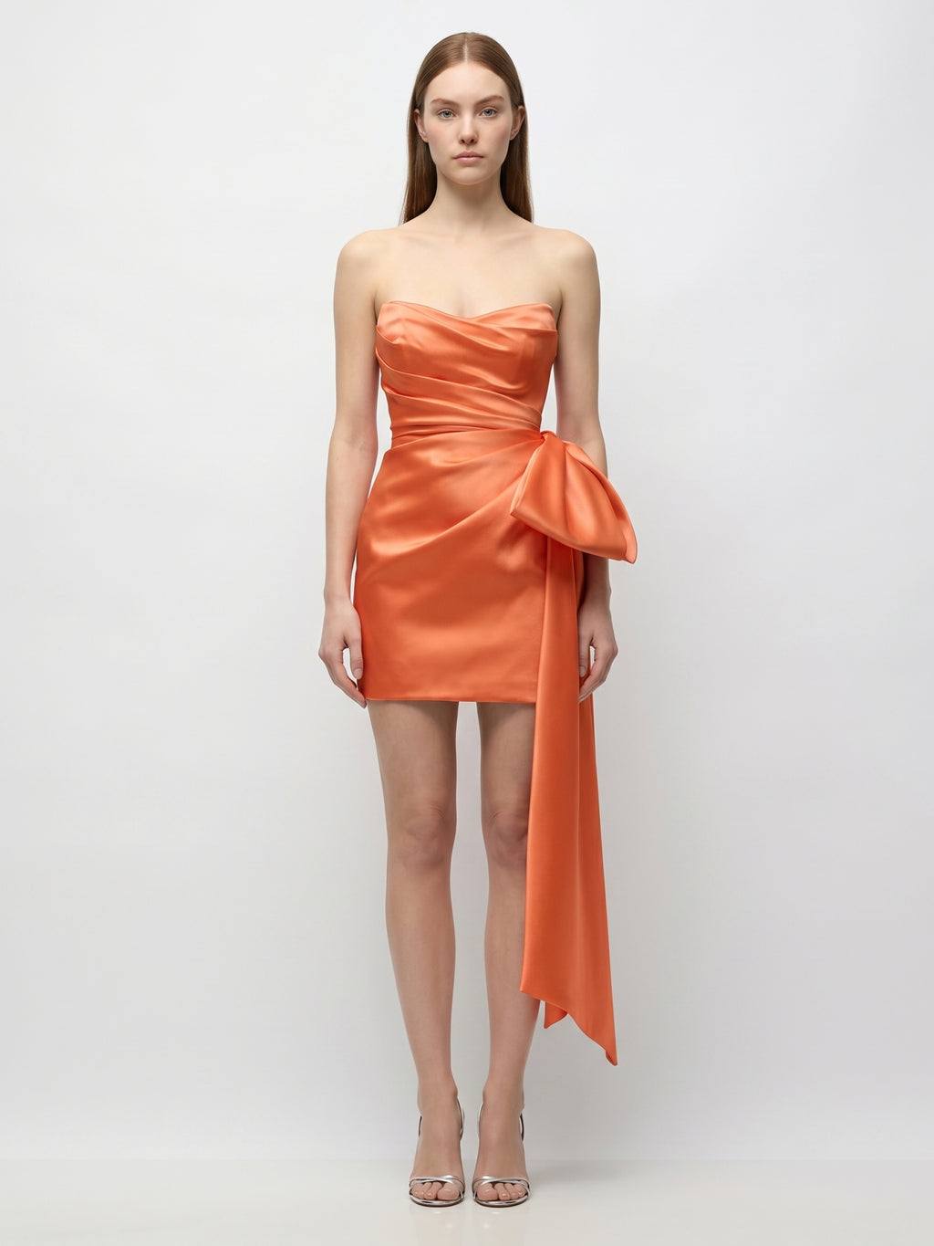 Orange Satin Column Sweetheart Backless Knee-Length Bridesmaid Dress with Bow