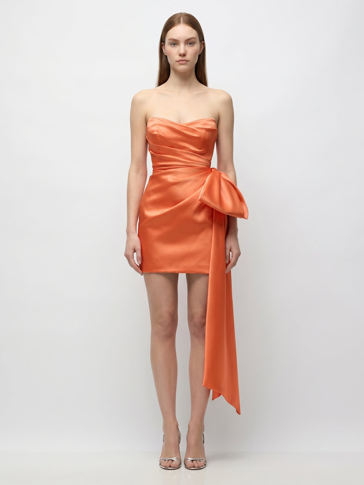 Orange Satin Column Sweetheart Backless Knee-Length Bridesmaid Dress with Bow