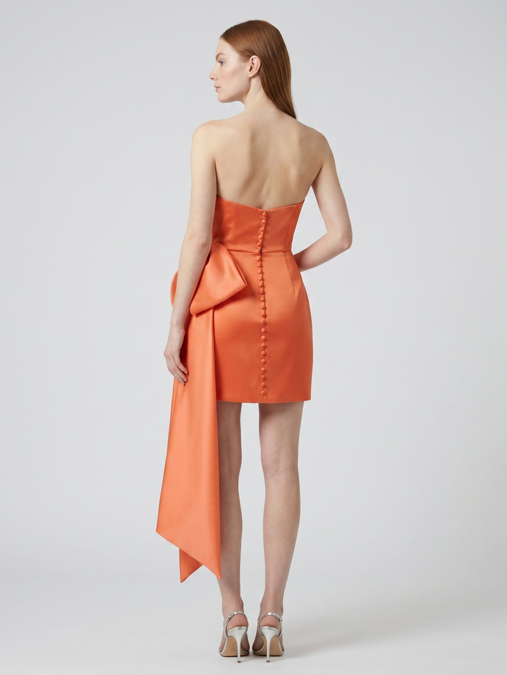 Orange Satin Column Sweetheart Backless Knee-Length Bridesmaid Dress with Bow