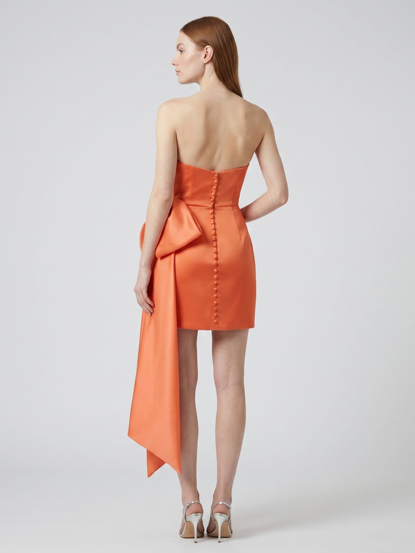 Orange Satin Column Sweetheart Backless Knee-Length Bridesmaid Dress with Bow