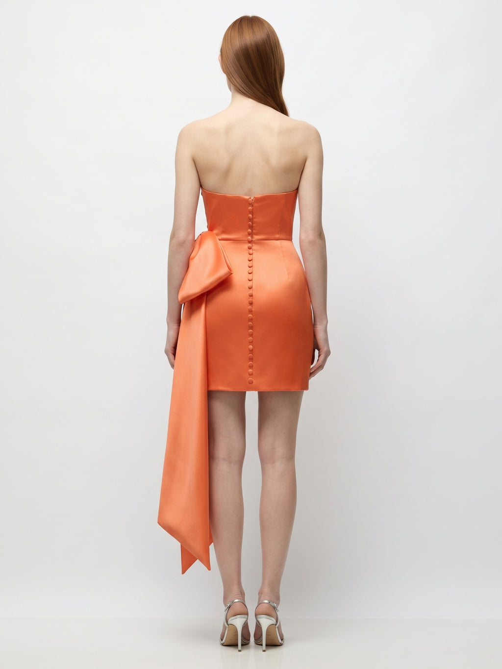 Orange Satin Column Sweetheart Backless Knee-Length Bridesmaid Dress with Bow
