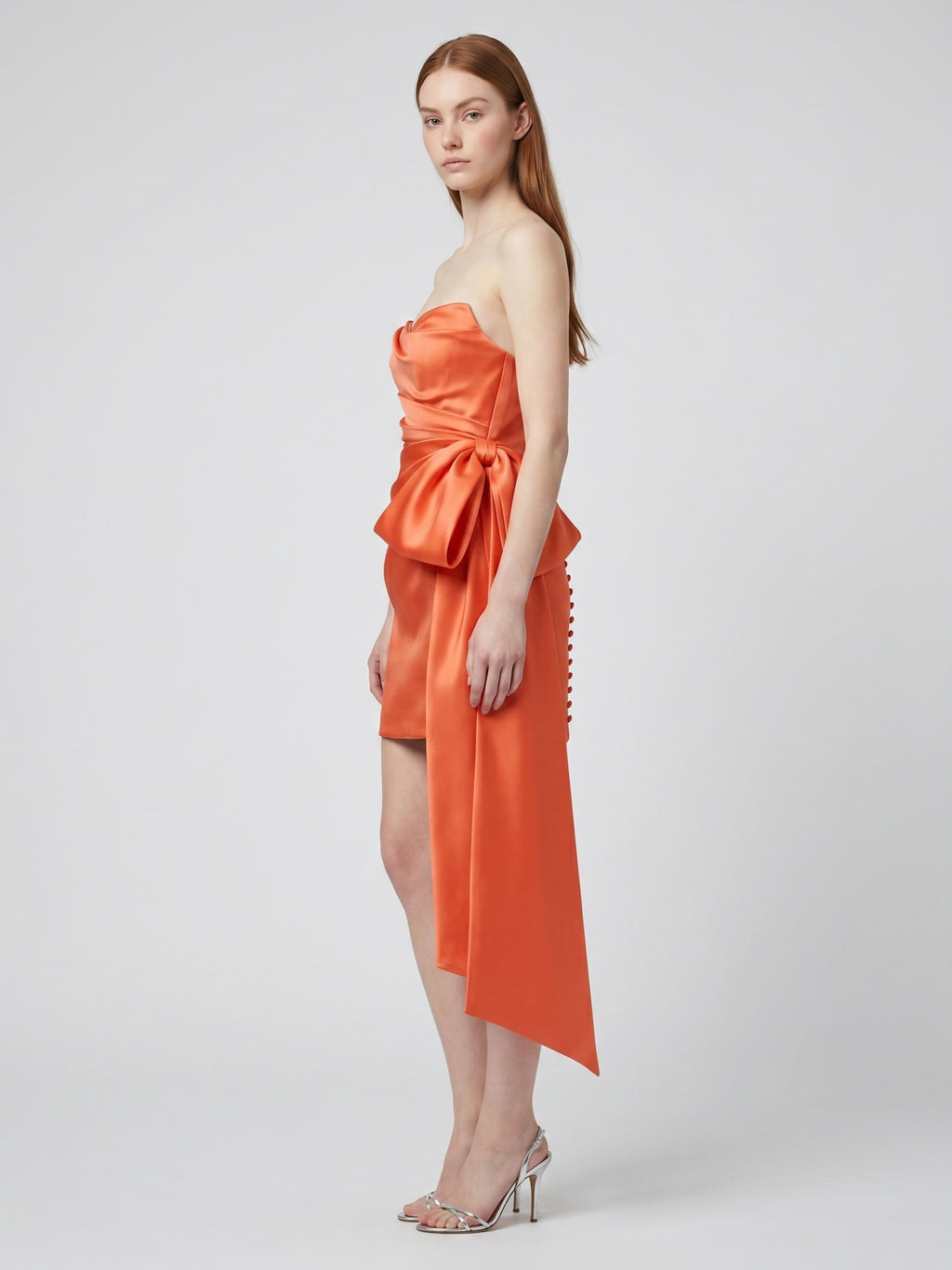 Orange Satin Column Sweetheart Backless Knee-Length Bridesmaid Dress with Bow