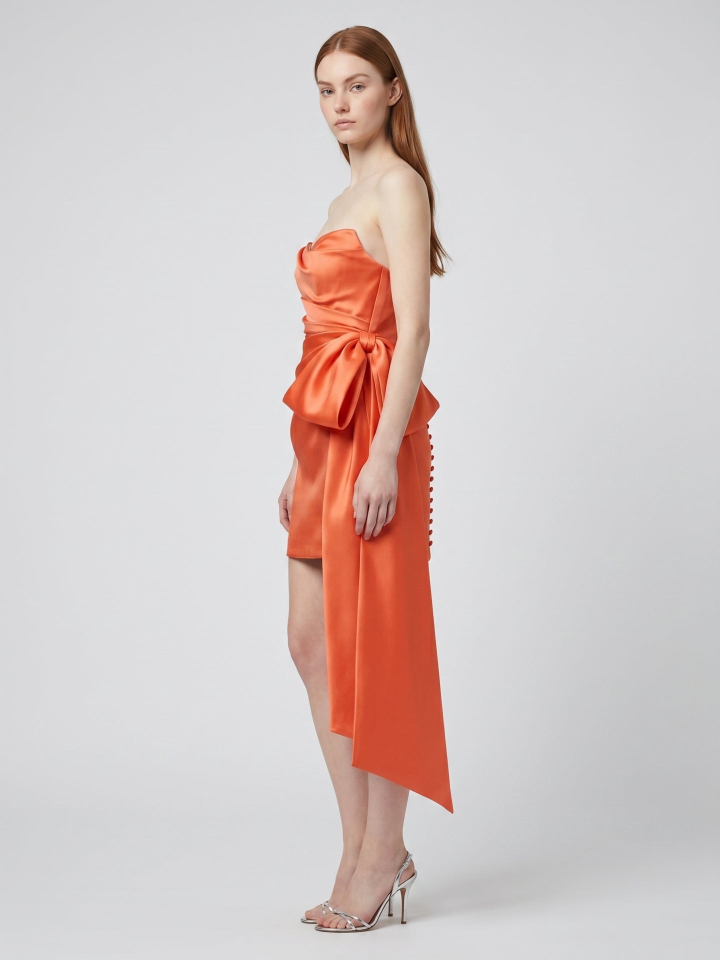 Orange Satin Column Sweetheart Backless Knee-Length Bridesmaid Dress with Bow