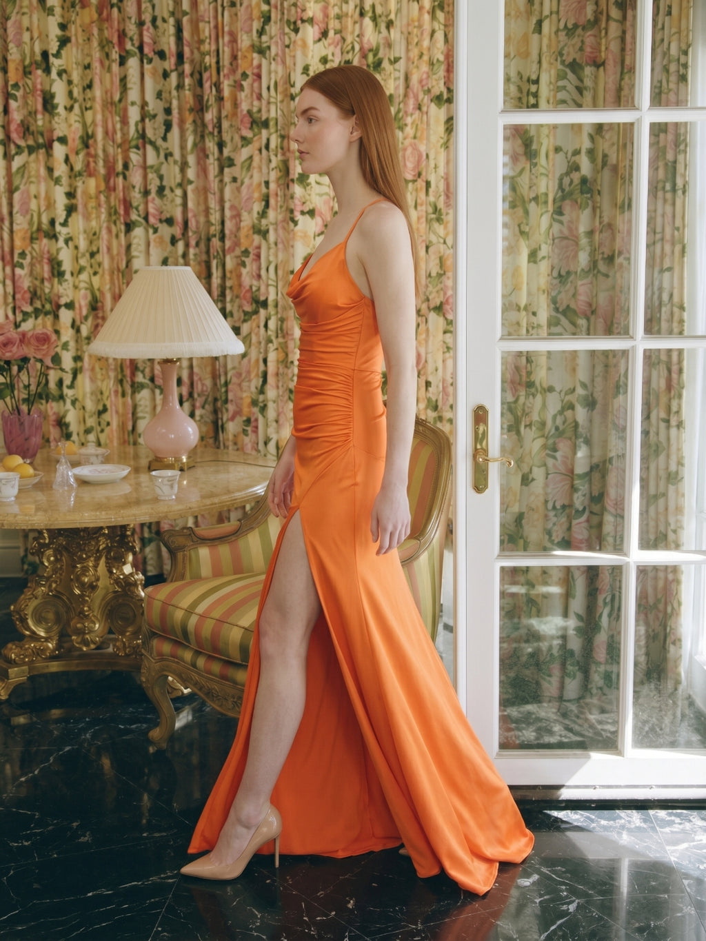 Orange Satin Column Sweetheart Criss-Cross Floor-Length Bridesmaid Dress with Pleats