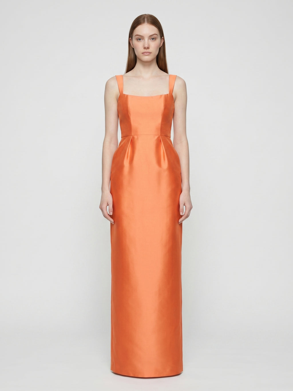 Orange Satin Sheath Square Neck Back Zip Floor-Length Bridesmaid Dress