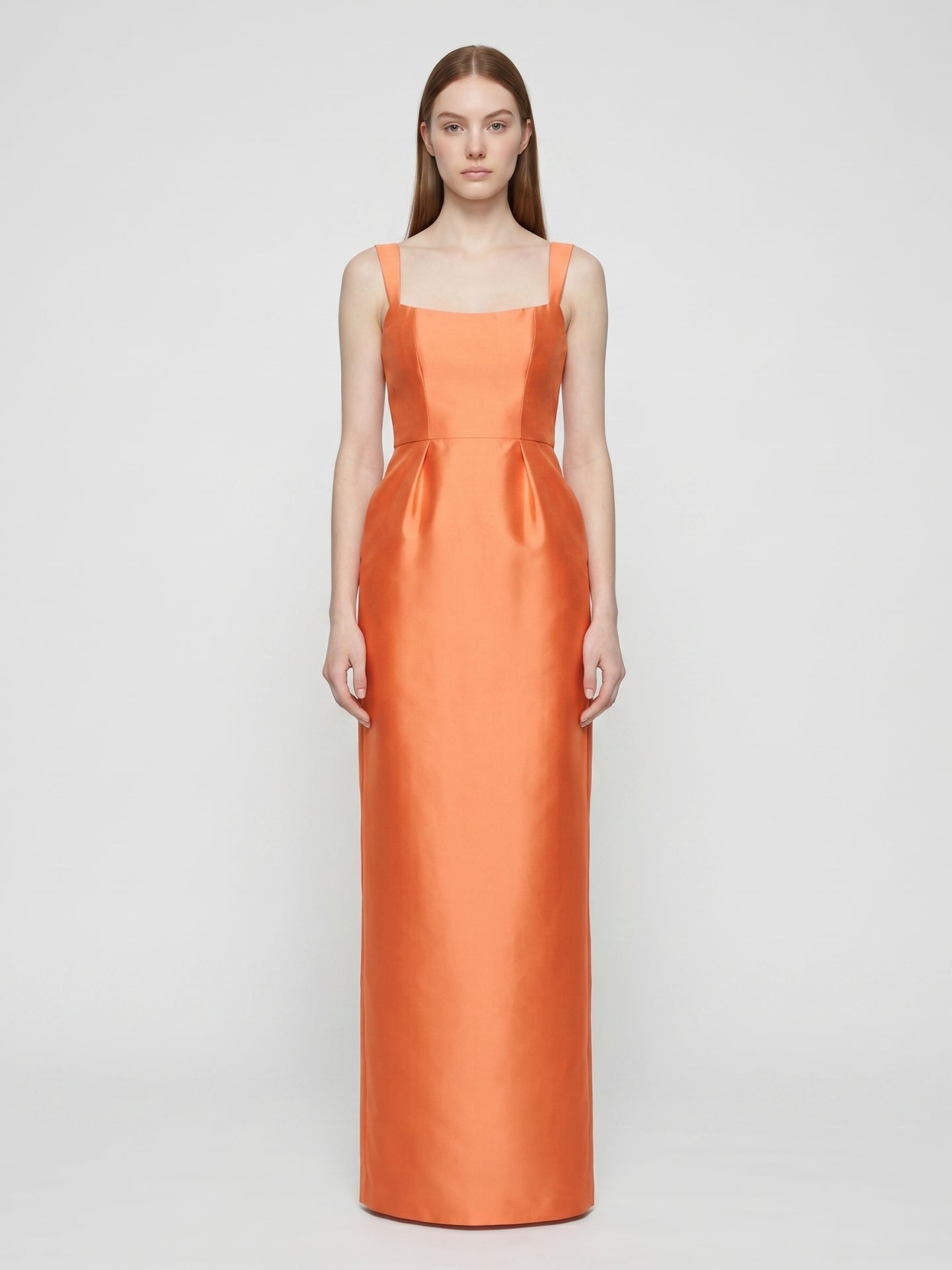 Orange Satin Sheath Square Neck Back Zip Floor-Length Bridesmaid Dress