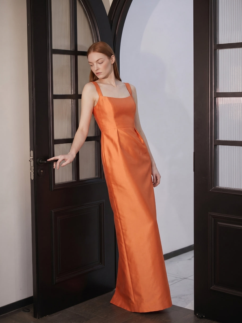 Orange Satin Sheath Square Neck Back Zip Floor-Length Bridesmaid Dress