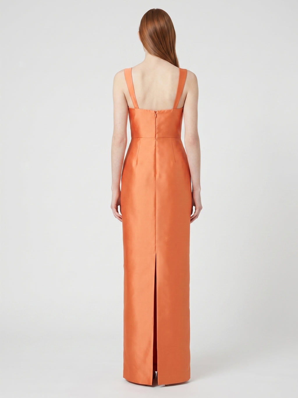Orange Satin Sheath Square Neck Back Zip Floor-Length Bridesmaid Dress
