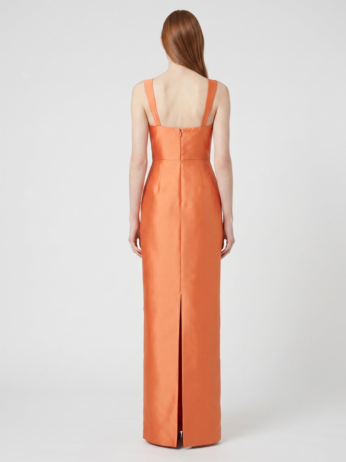 Orange Satin Sheath Square Neck Back Zip Floor-Length Bridesmaid Dress