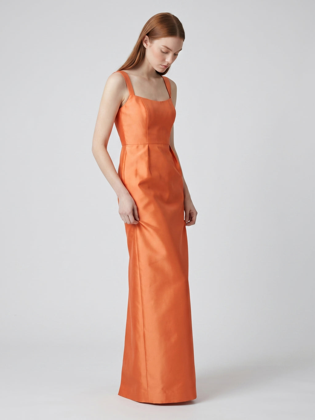 Orange Satin Sheath Square Neck Back Zip Floor-Length Bridesmaid Dress