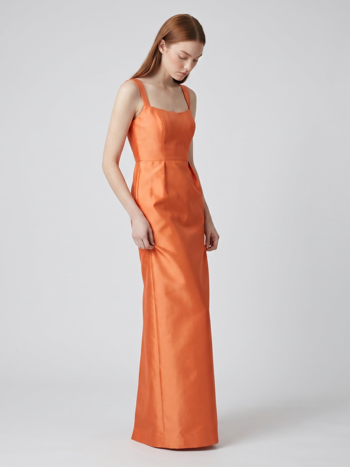 Orange Satin Sheath Square Neck Back Zip Floor-Length Bridesmaid Dress