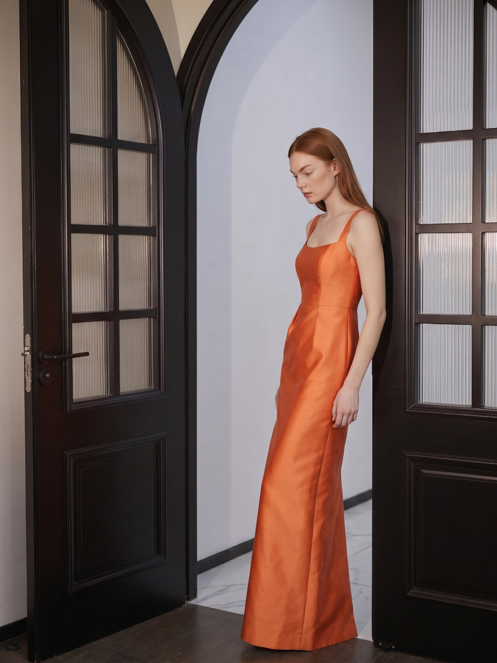 Orange Satin Sheath Square Neck Back Zip Floor-Length Bridesmaid Dress