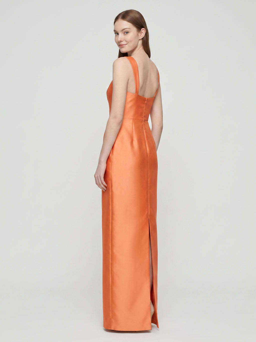Orange Satin Sheath Square Neck Back Zip Floor-Length Bridesmaid Dress
