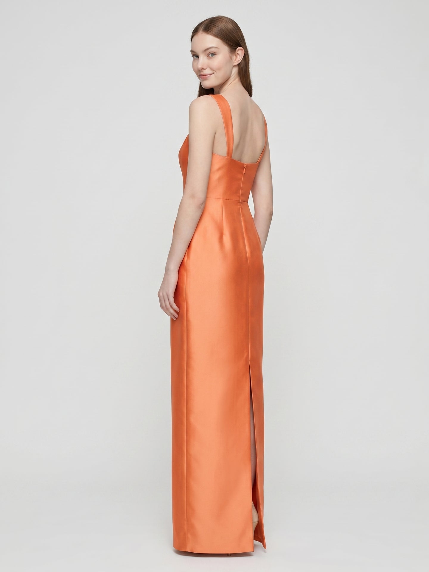 Orange Satin Sheath Square Neck Back Zip Floor-Length Bridesmaid Dress
