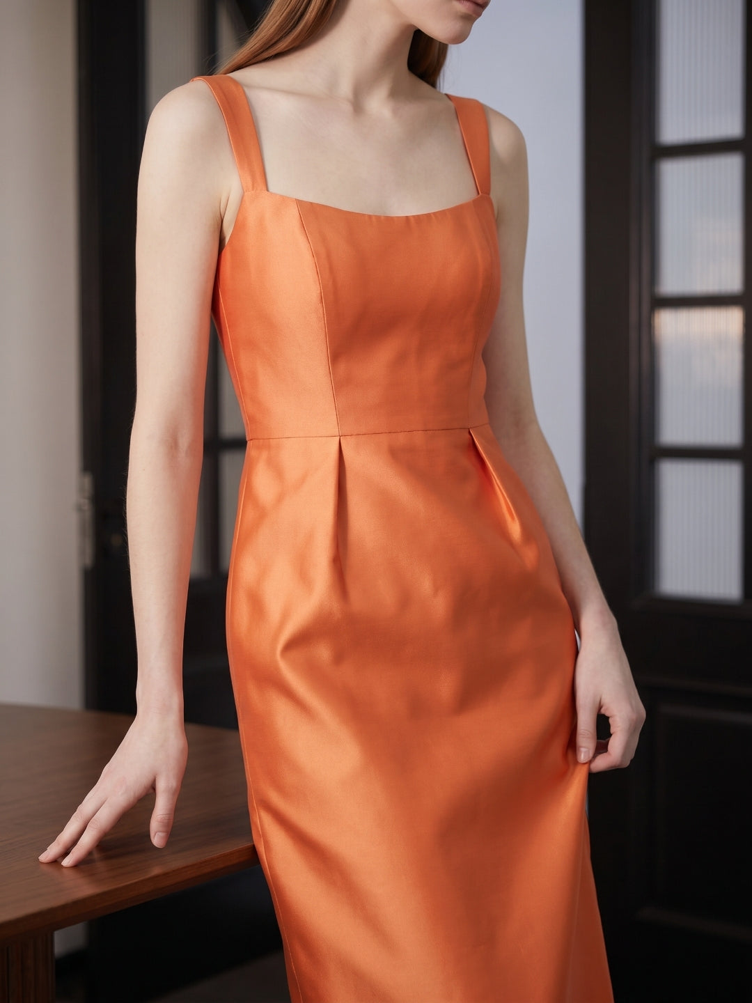 Orange Satin Sheath Square Neck Back Zip Floor-Length Bridesmaid Dress