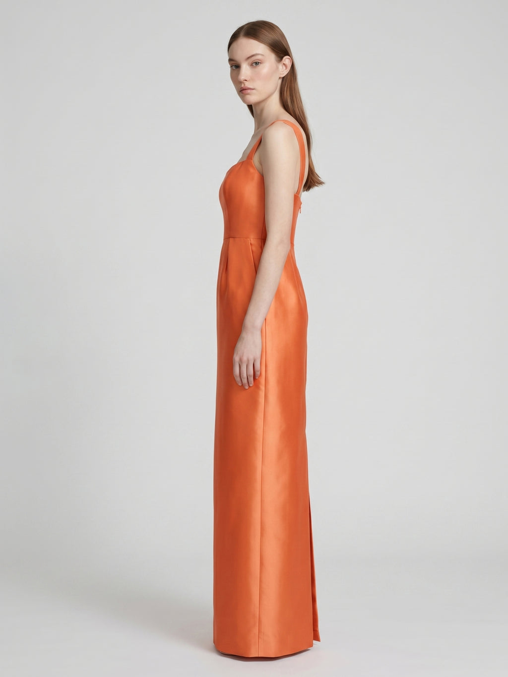 Orange Satin Sheath Square Neck Back Zip Floor-Length Bridesmaid Dress
