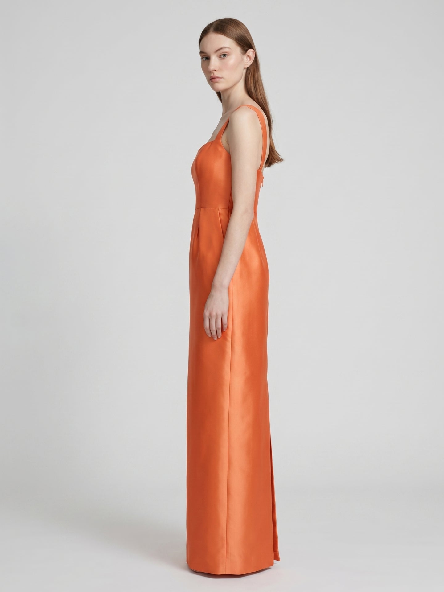 Orange Satin Sheath Square Neck Back Zip Floor-Length Bridesmaid Dress