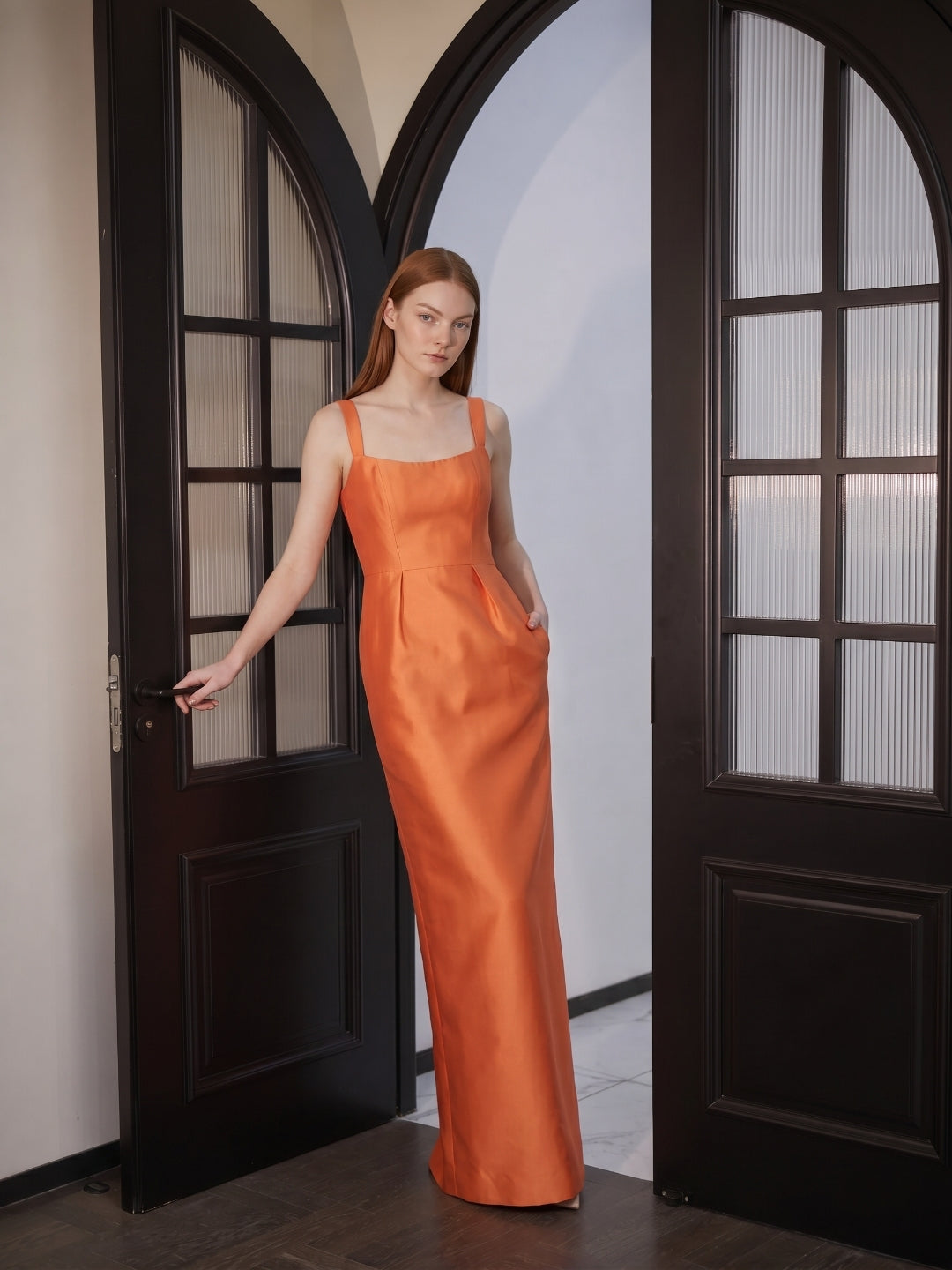 Orange Satin Sheath Square Neck Back Zip Floor-Length Bridesmaid Dress