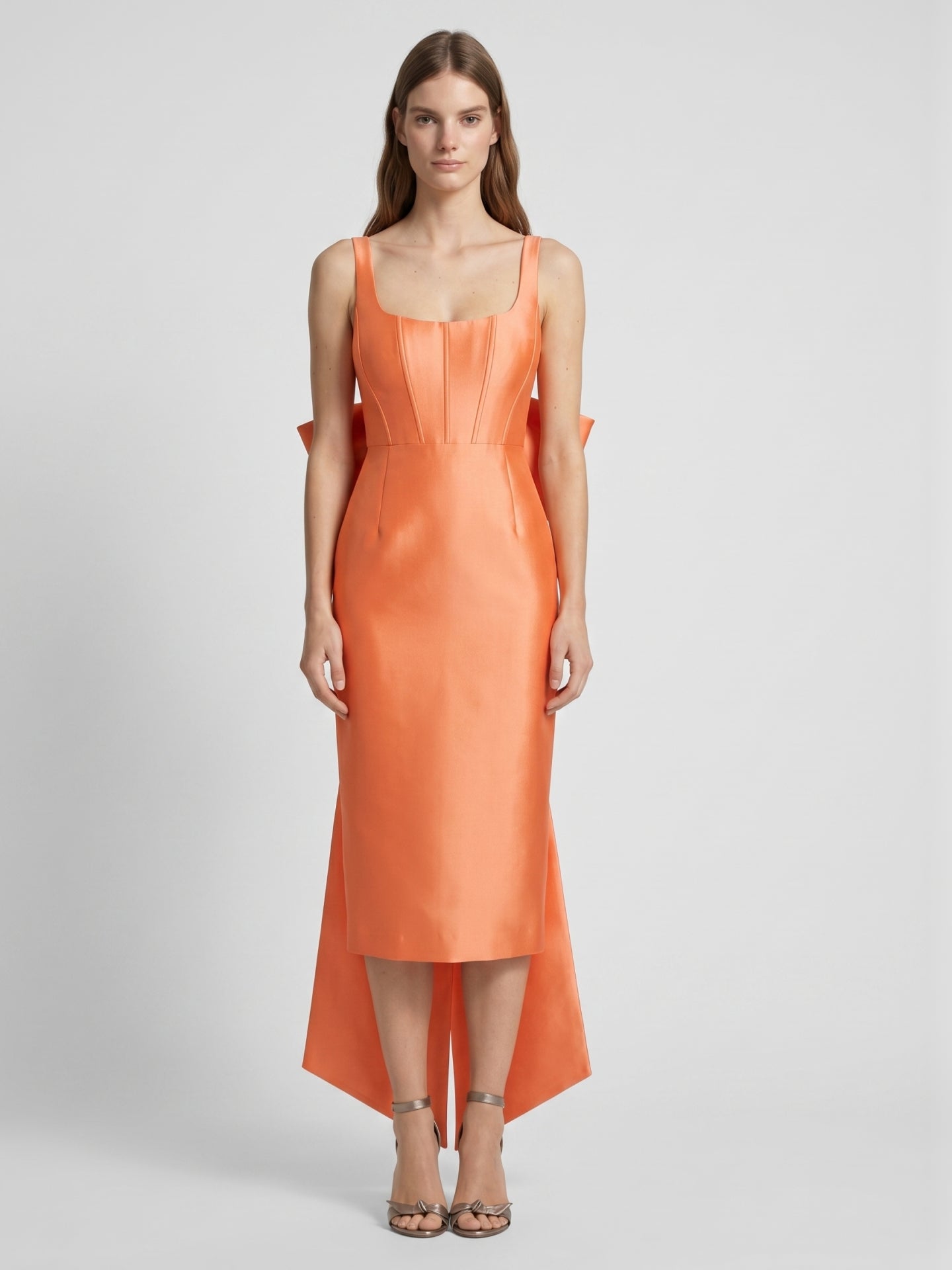 Orange Satin Sheath Square Neck Backless Tea-Length Bridesmaid Dress with Bow