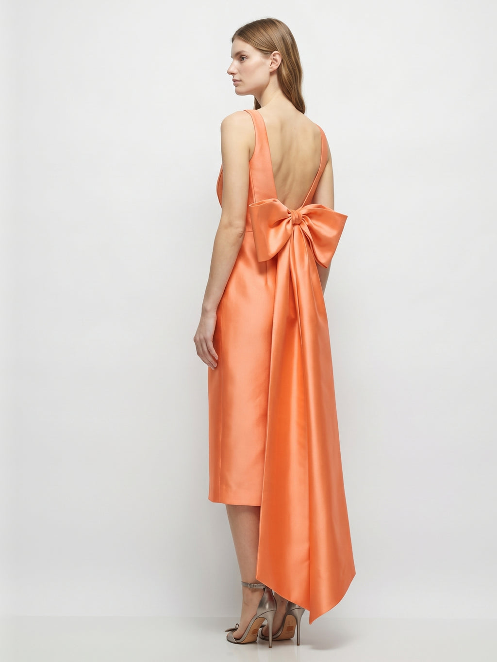Orange Satin Sheath Square Neck Backless Tea-Length Bridesmaid Dress with Bow