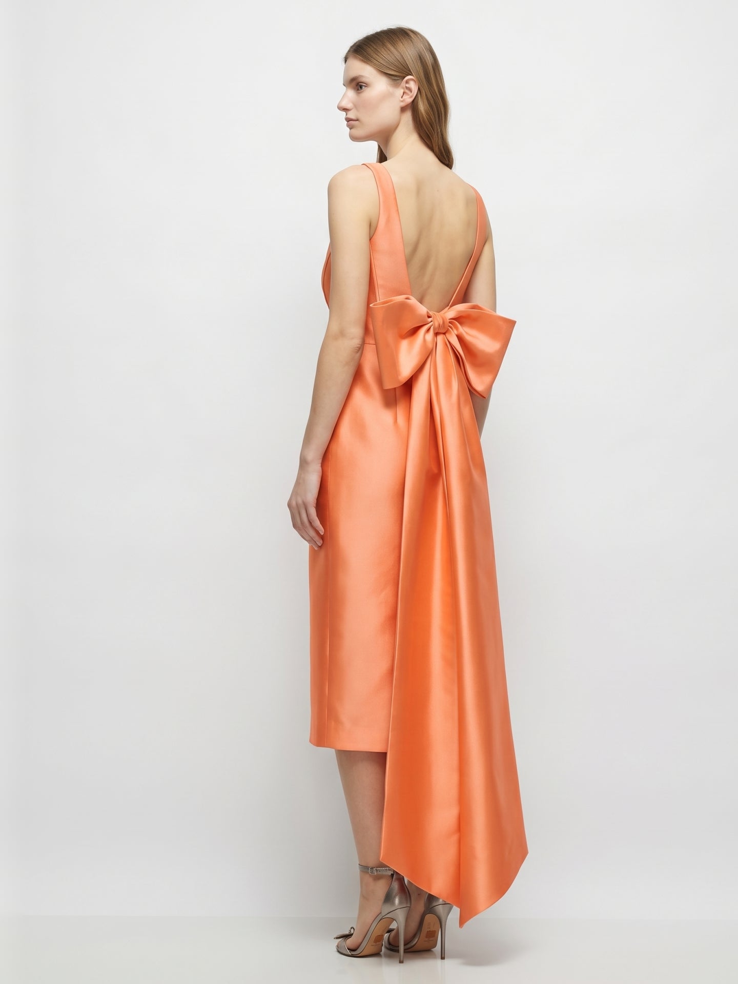 Orange Satin Sheath Square Neck Backless Tea-Length Bridesmaid Dress with Bow