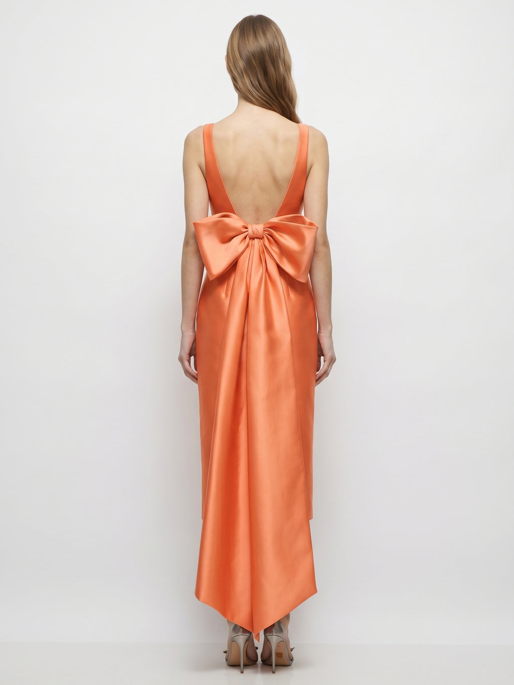 Orange Satin Sheath Square Neck Backless Tea-Length Bridesmaid Dress with Bow