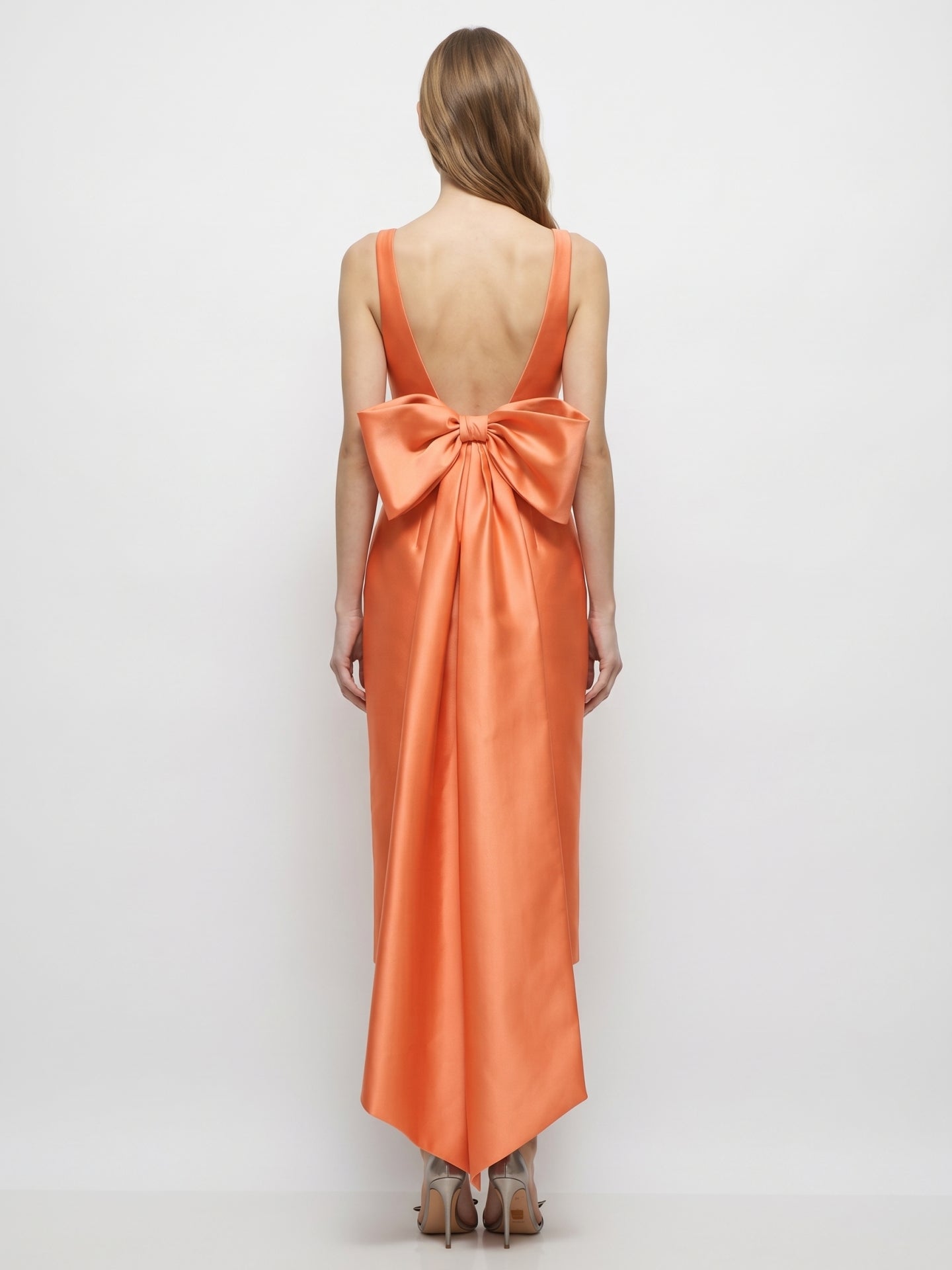 Orange Satin Sheath Square Neck Backless Tea-Length Bridesmaid Dress with Bow