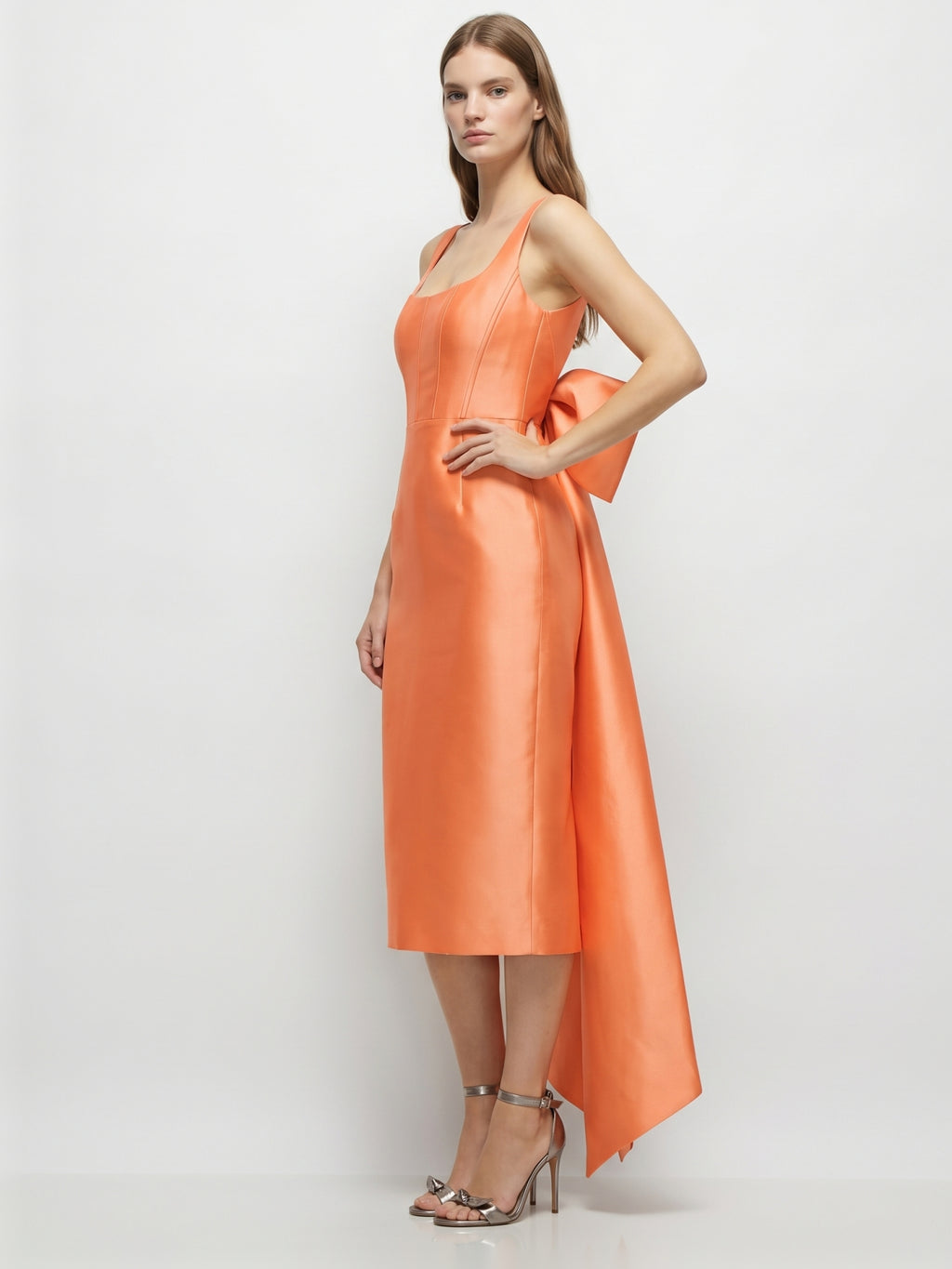 Orange Satin Sheath Square Neck Backless Tea-Length Bridesmaid Dress with Bow