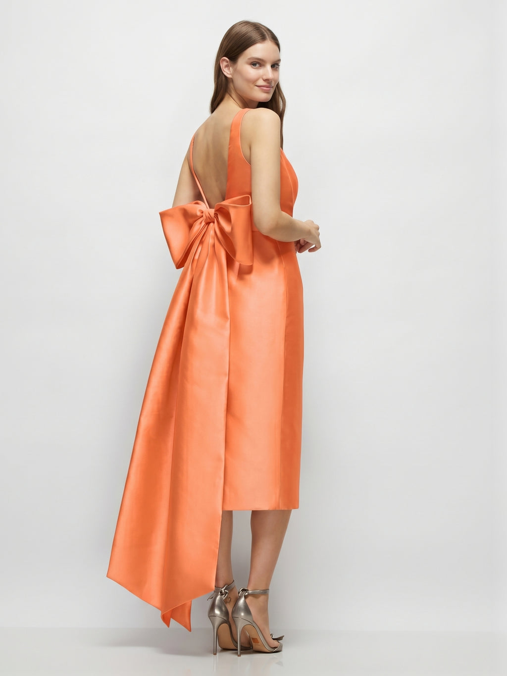 Orange Satin Sheath Square Neck Backless Tea-Length Bridesmaid Dress with Bow
