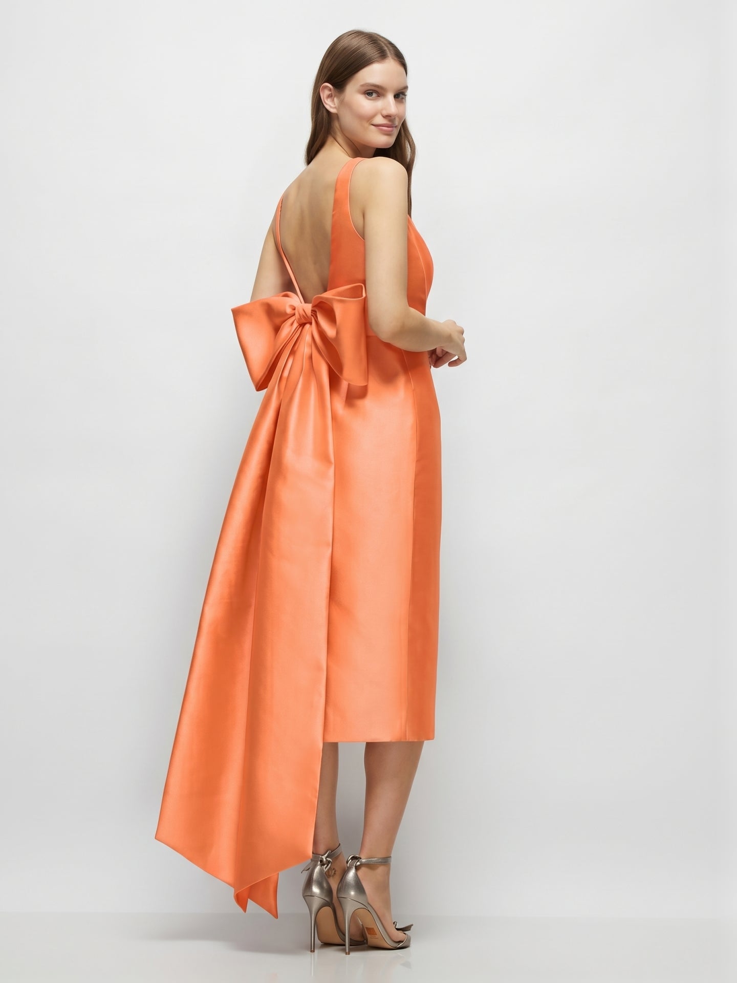 Orange Satin Sheath Square Neck Backless Tea-Length Bridesmaid Dress with Bow