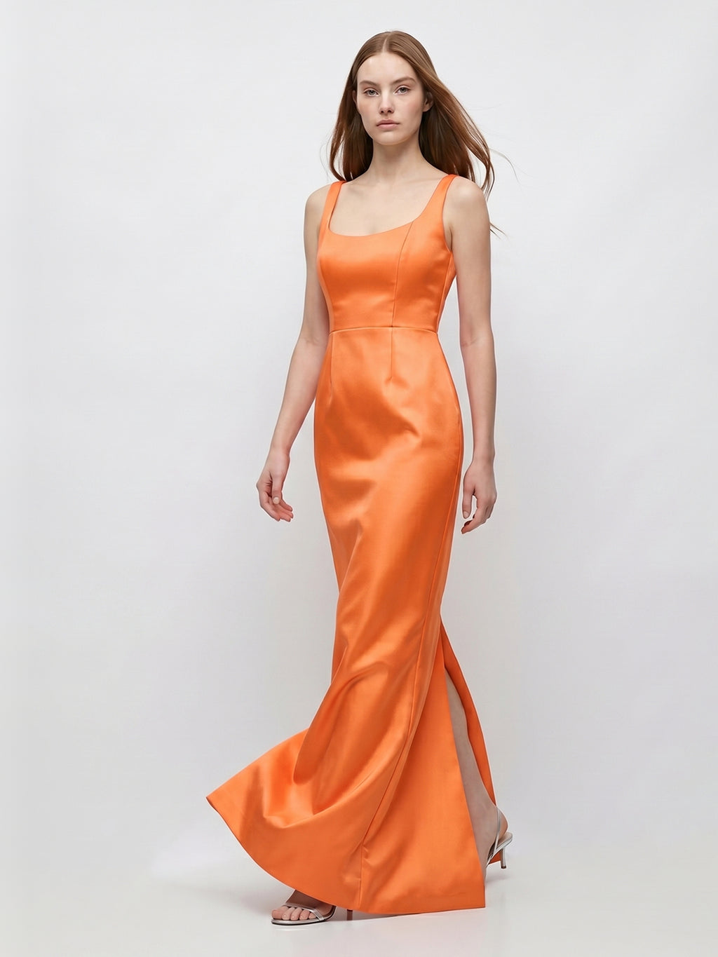 Orange Satin Sheath Square Neck Floor-Length Bridesmaid Dress