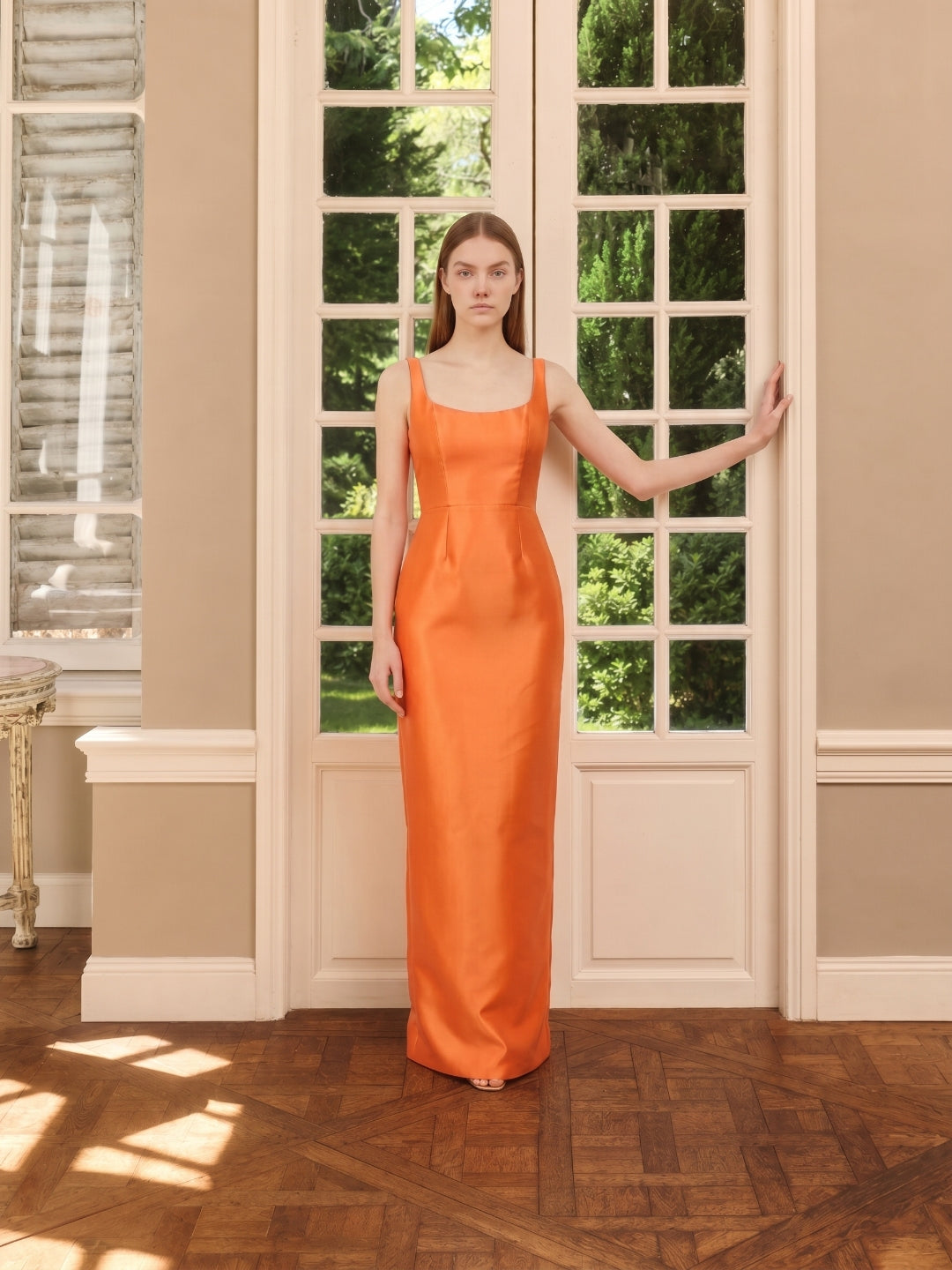 Orange Satin Sheath Square Neck Floor-Length Bridesmaid Dress