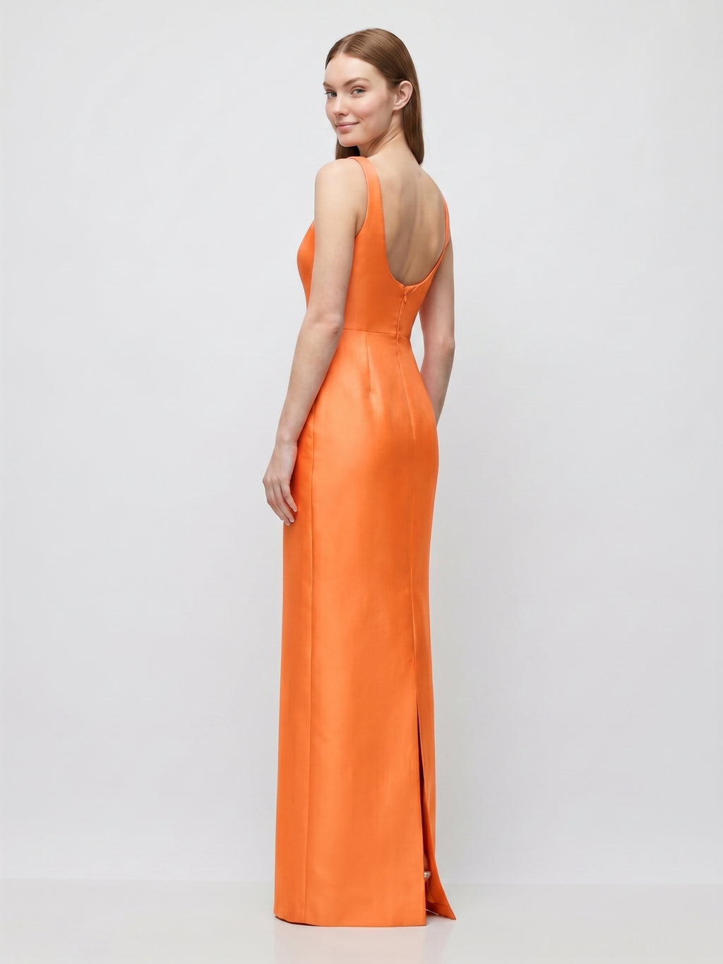 Orange Satin Sheath Square Neck Floor-Length Bridesmaid Dress