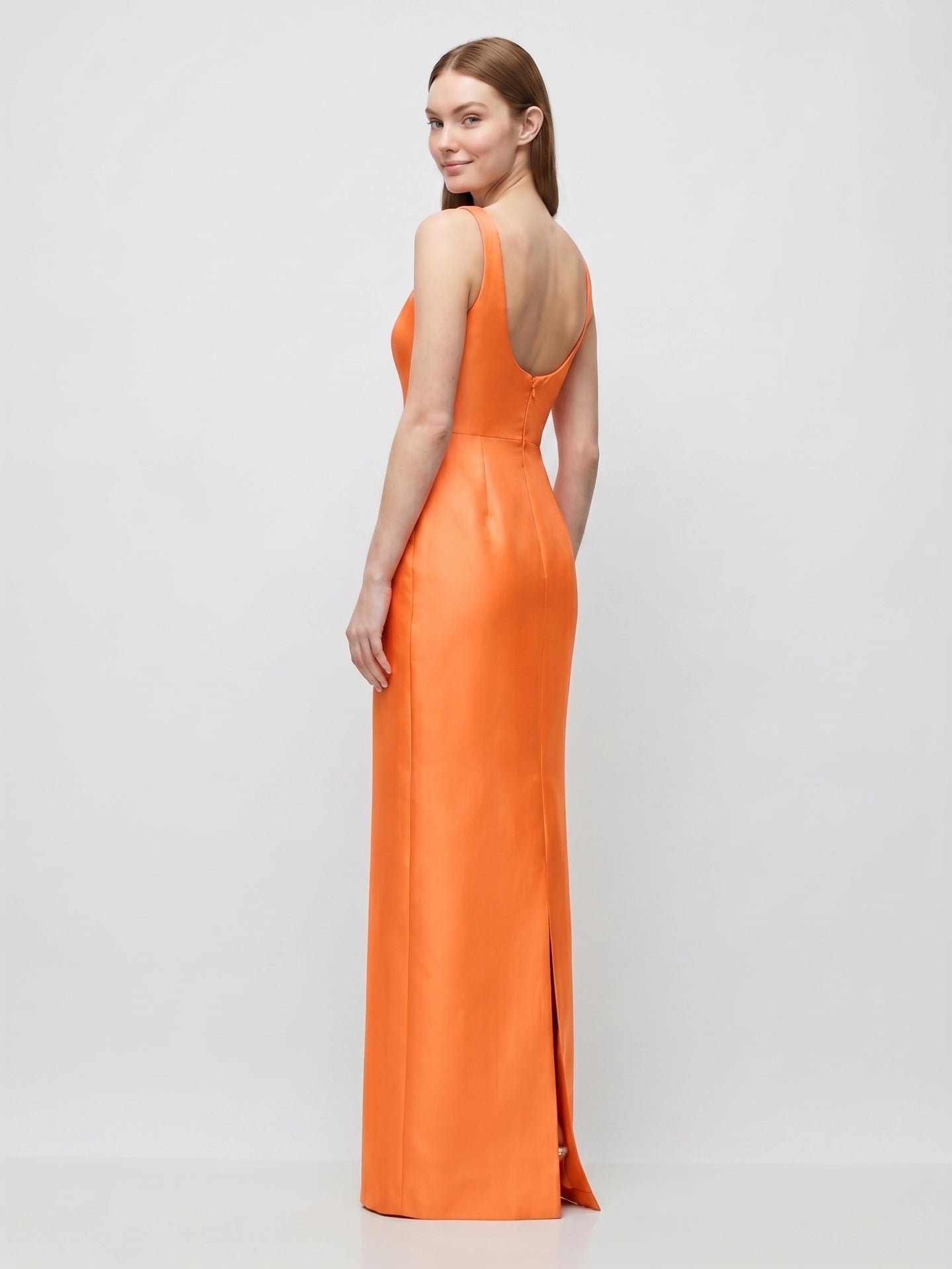 Orange Satin Sheath Square Neck Floor-Length Bridesmaid Dress
