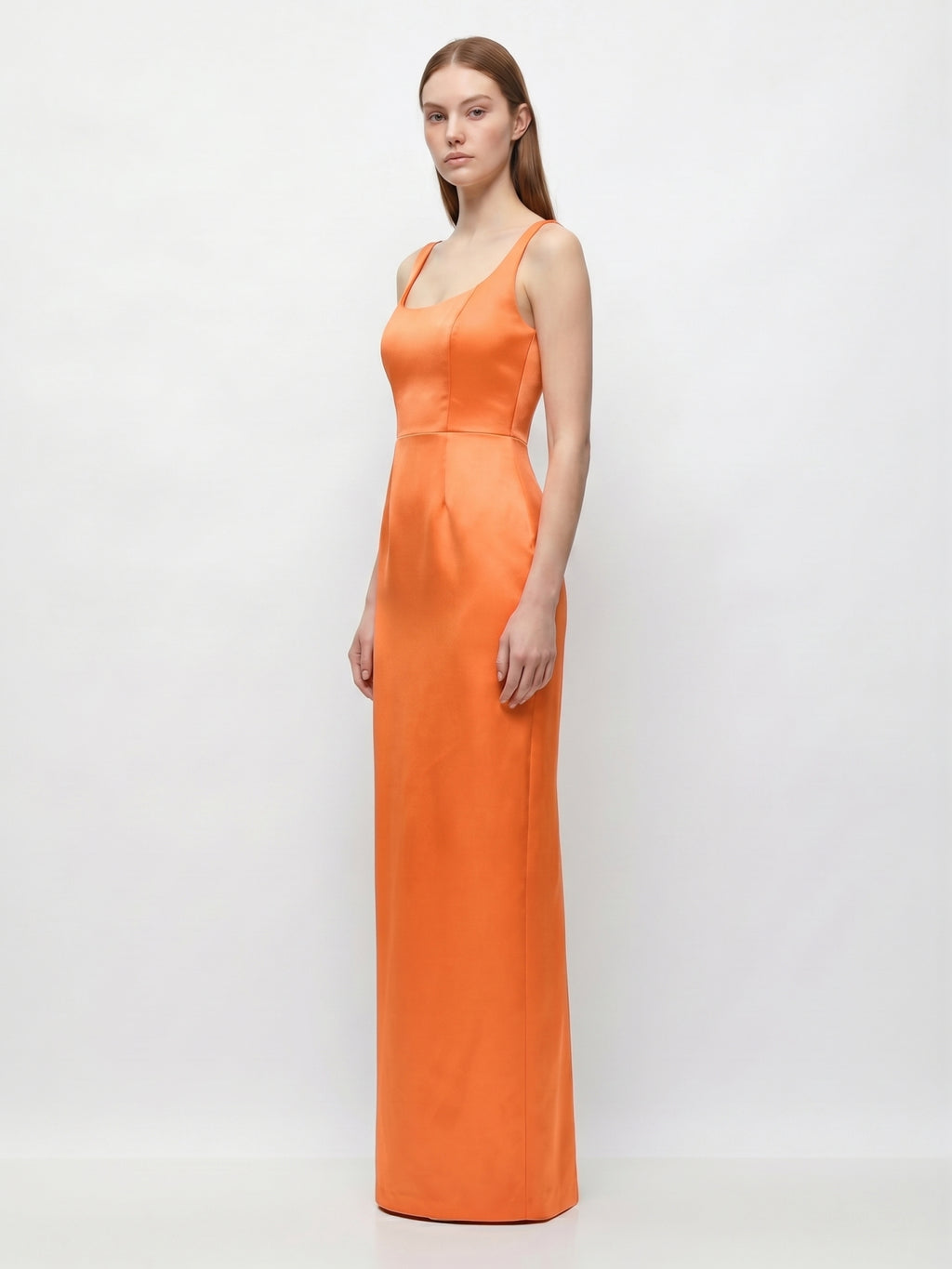 Orange Satin Sheath Square Neck Floor-Length Bridesmaid Dress