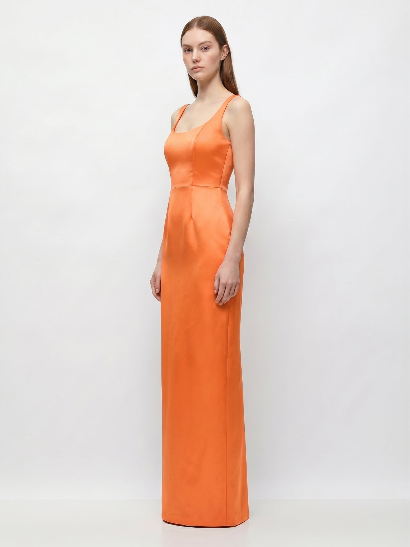 Orange Satin Sheath Square Neck Floor-Length Bridesmaid Dress