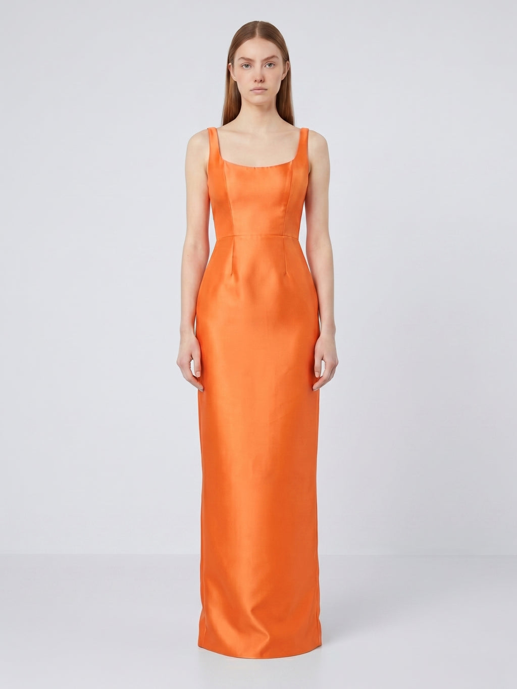 Orange Satin Sheath Square Neck Floor-Length Bridesmaid Dress