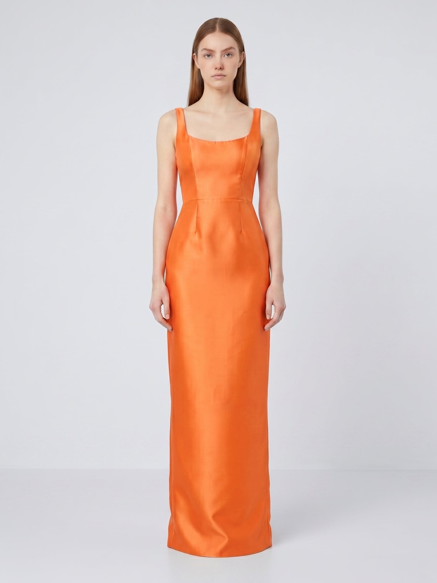 Orange Satin Sheath Square Neck Floor-Length Bridesmaid Dress