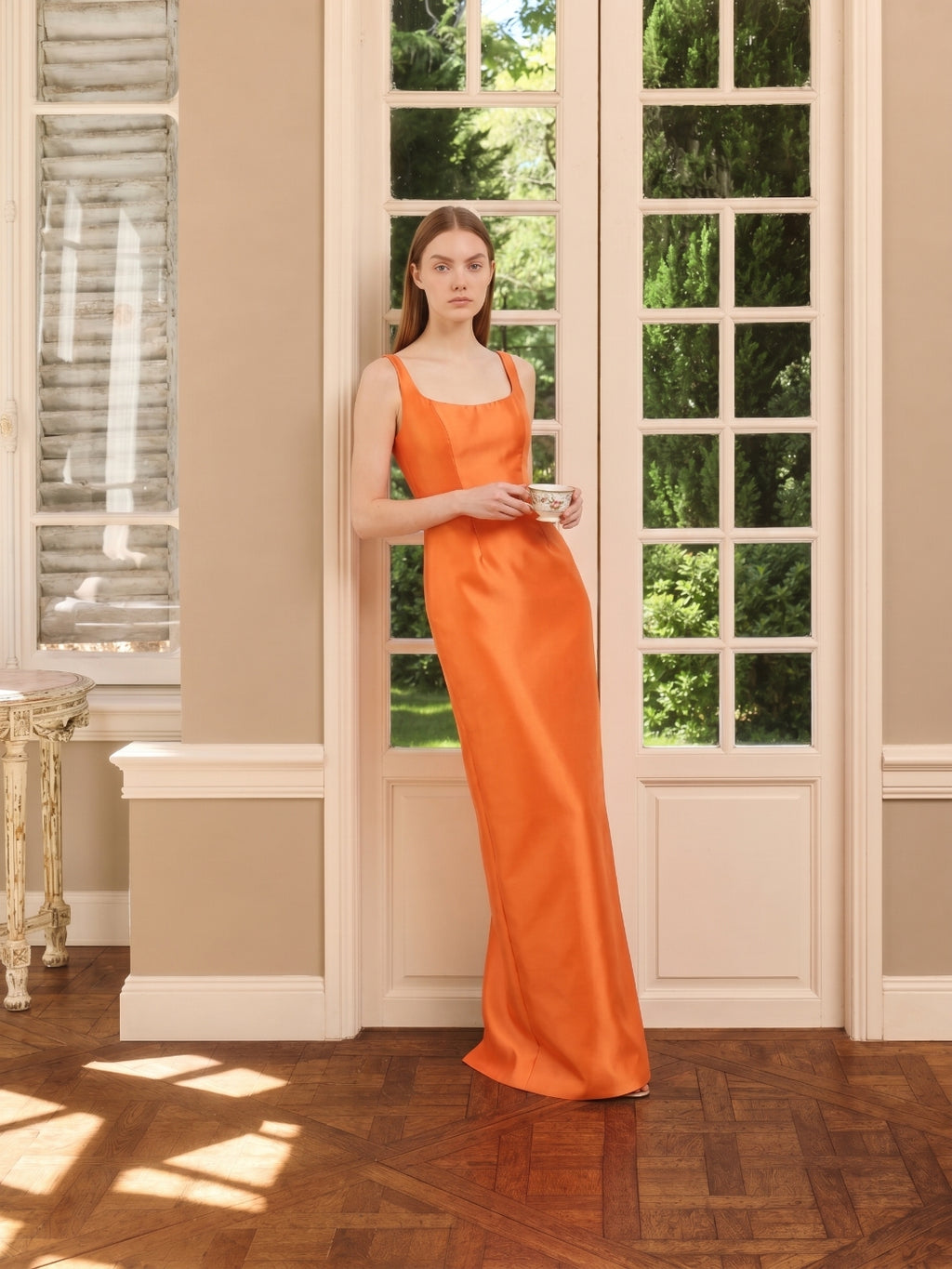 Orange Satin Sheath Square Neck Floor-Length Bridesmaid Dress