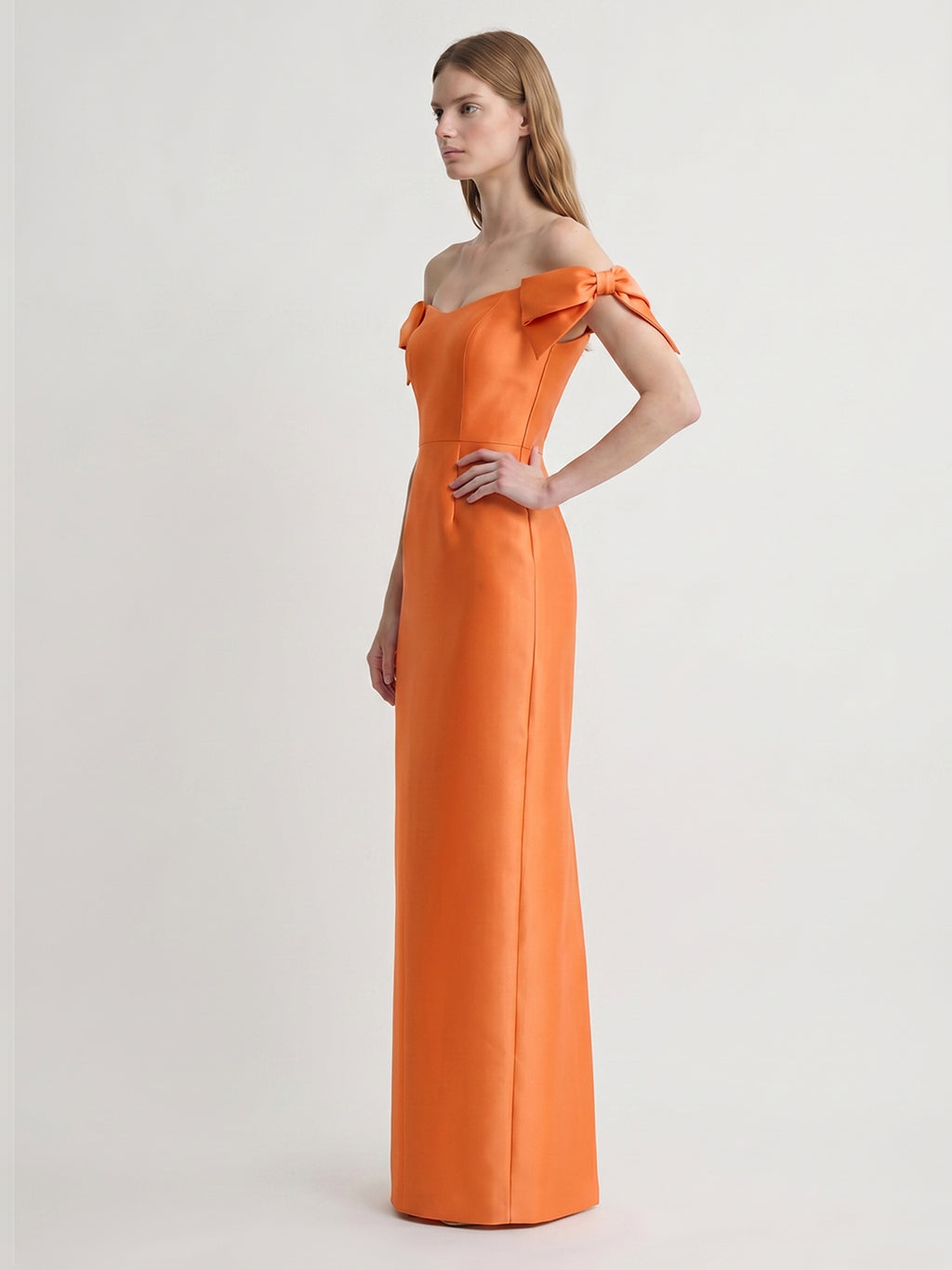 Orange Satin Sheath Straight Neck Back Zip Floor-Length Bridesmaid Dress with Bow
